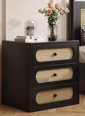 中古风藤编床头柜2024新款小型卧室家用实木床边柜复古储物收纳柜