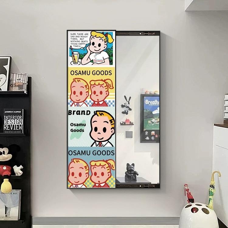 日式原田治全身镜子客厅装饰画卧室挂画卡通隐藏式镜子推拉穿衣镜