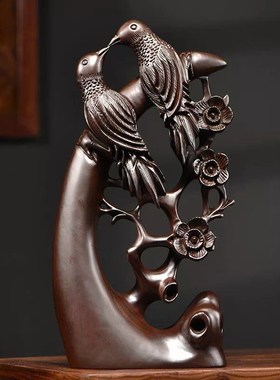 黑檀木雕喜上眉梢喜鹊o摆件家居客厅电视柜根雕红木工艺品乔迁送