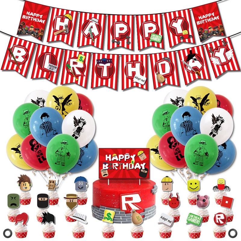 Roblox虚拟游戏生日派对布置背景墙挂布海报拉旗气球蛋糕插牌装饰