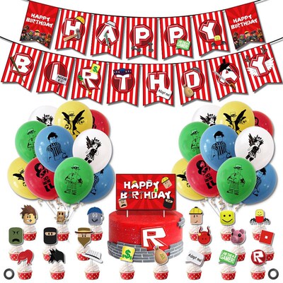 Roblox虚拟游戏生日派对布置背景墙挂布海报拉旗气球蛋糕插牌装饰