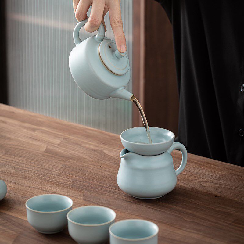 苏氏陶瓷汝窑茶具套装可开片可养汝瓷功夫茶具10头礼盒装钟德壶款