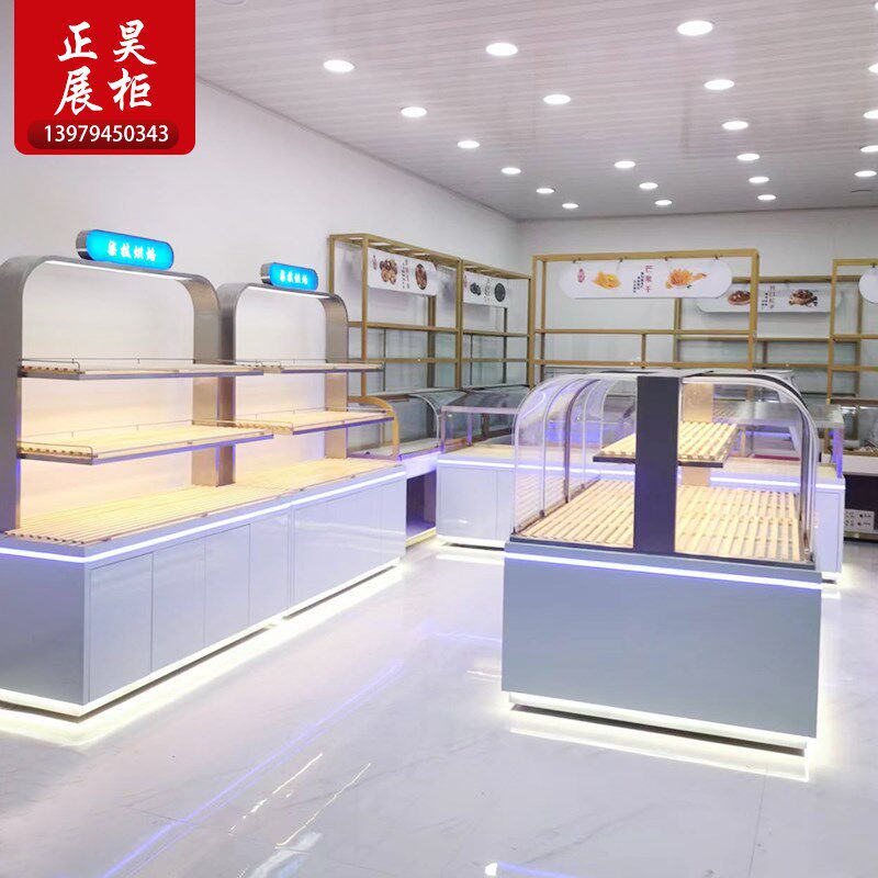 新款弧形铁艺烘焙面包展示柜中岛柜超白玻璃实木烤漆镀钛高档柜台