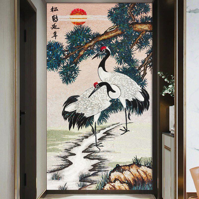 松鹤延年艺术马赛克背景墙中式玄关客厅电视沙发装饰壁画迎客松
