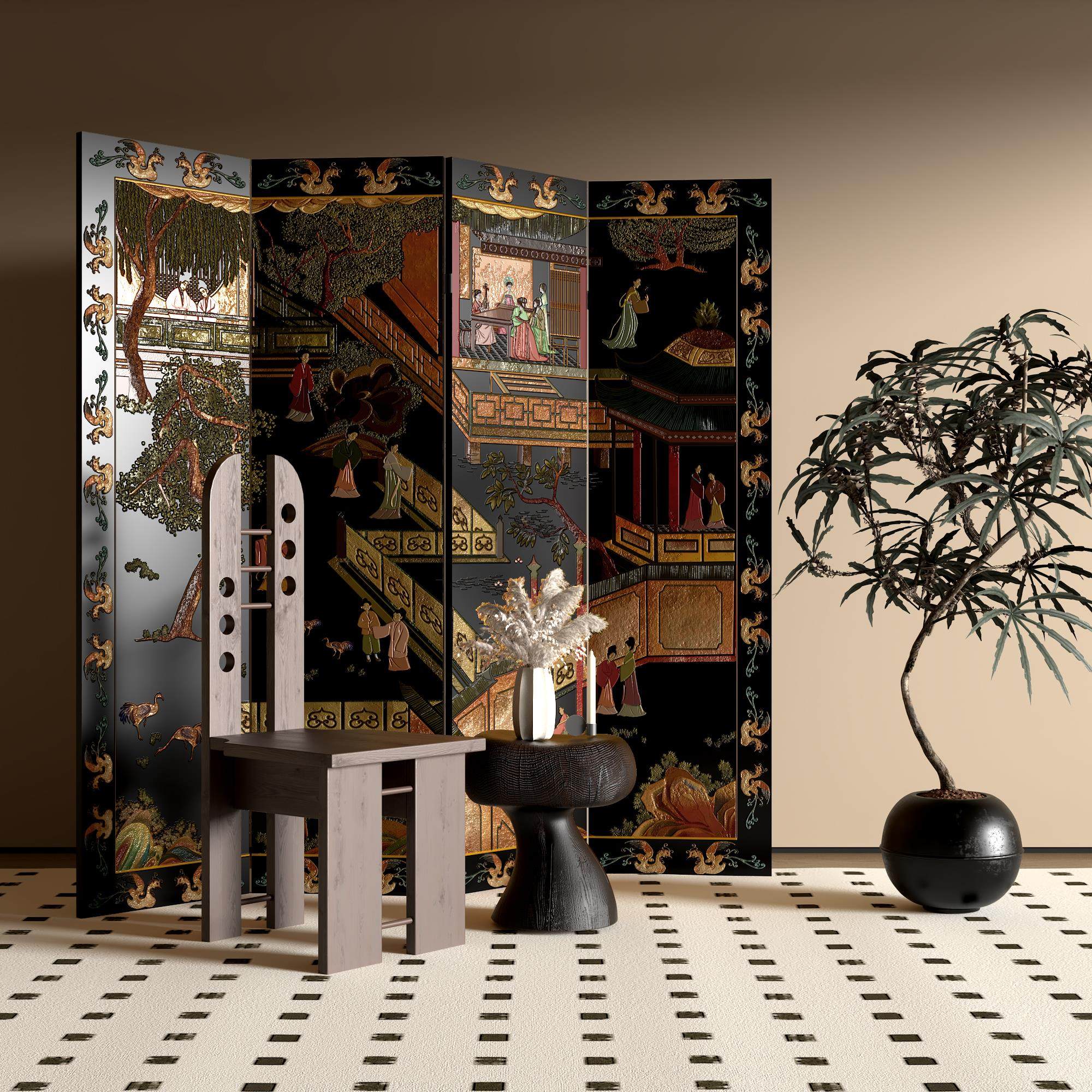 漆画屏风可折叠移动隔断挡墙板侘寂中古风实木漆画办公室酒店定制