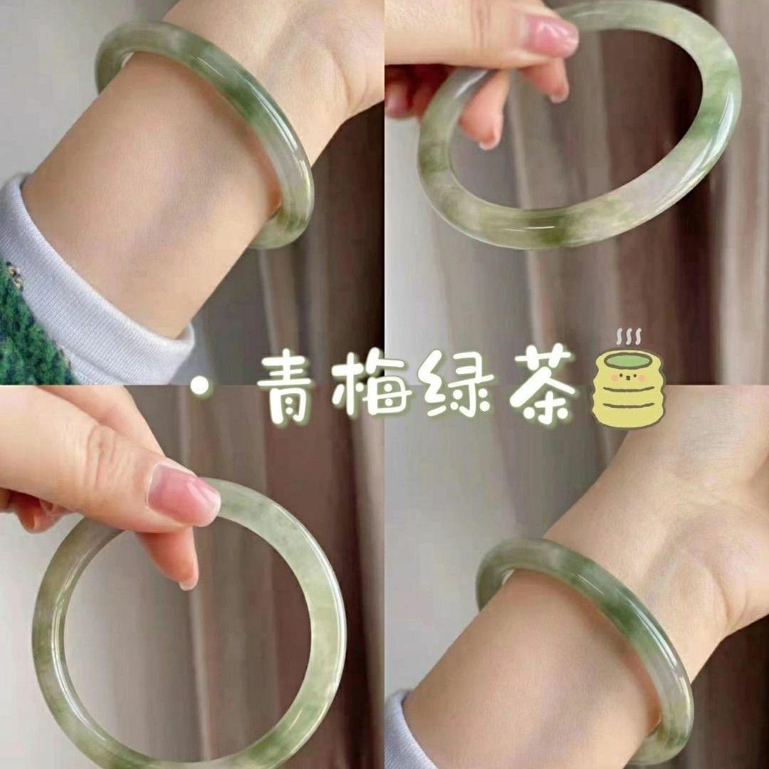 小红书同款青梅绿茶玻璃仿玉贵妃镯圆条闺蜜手镯国风叮当镯粗款潮