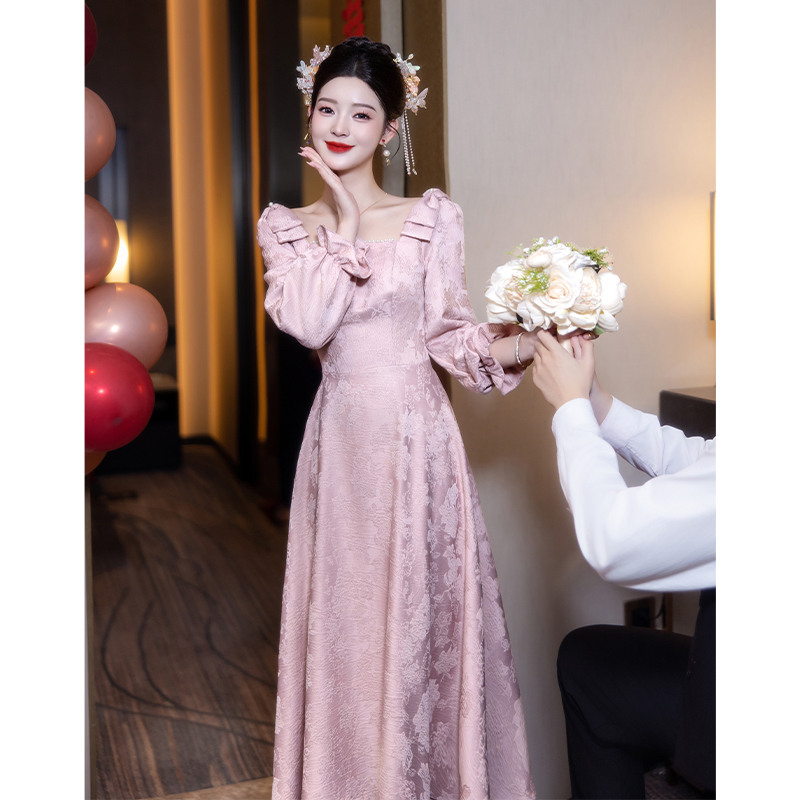 速发粉色裙婚袍旗敬酒服回门礼服订结婚当天新娘便装中式秋冬日常