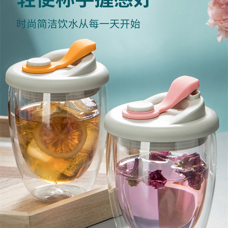 速发带盖高硼水双层玻璃隔热杯带盖硅杯创意咖啡杯礼品手形随蛋杯