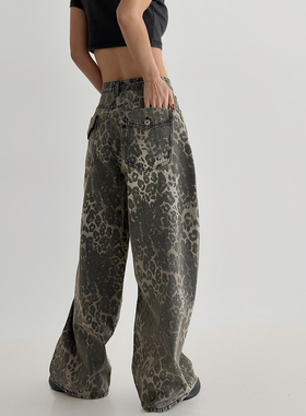 韩国女团复古豹纹休闲裤男女款痞帅炸街高腰阔腿裤直筒宽松长裤