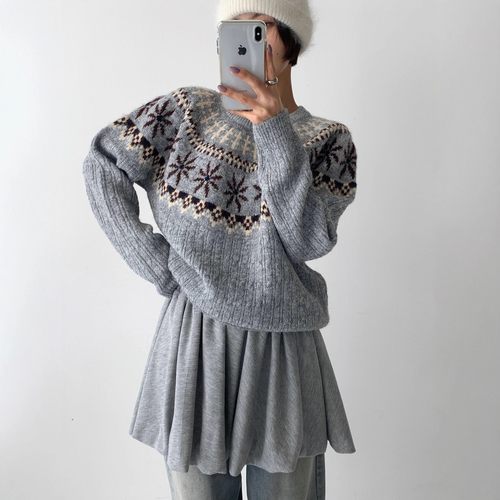 爆款费尔岛复古提花羊毛混纺毛衣女宽松休闲针织衫2025秋冬新款