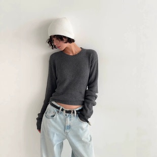 极简风修身圆领坑条针织衫女长袖打底衫深灰色毛衣软糯轻盈显瘦
