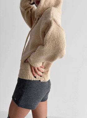 秋冬新款纯色针织衫慵懒风连帽宽松版毛衣女长袖套头时尚百搭卫衣