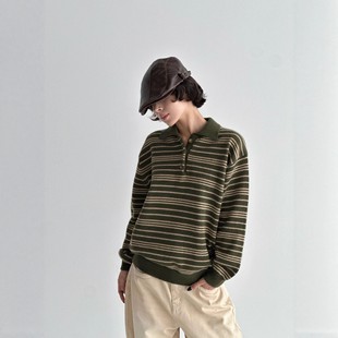 EGGWANG复古条纹半系扣翻领针织衫 慵懒POLO领套头毛衣 秋冬新款
