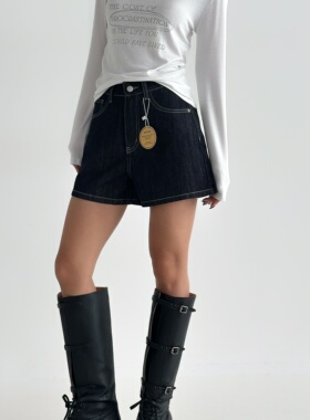 EGG WANG 2025NEW丹宁色牛仔短裤百搭韩版宽松显瘦女深蓝色设计感