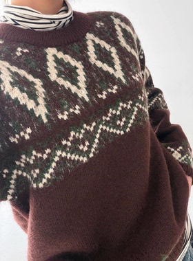 新年圣诞毛衣女加厚春秋冬季新款设计感复古慵懒风圆领宽松针织衫