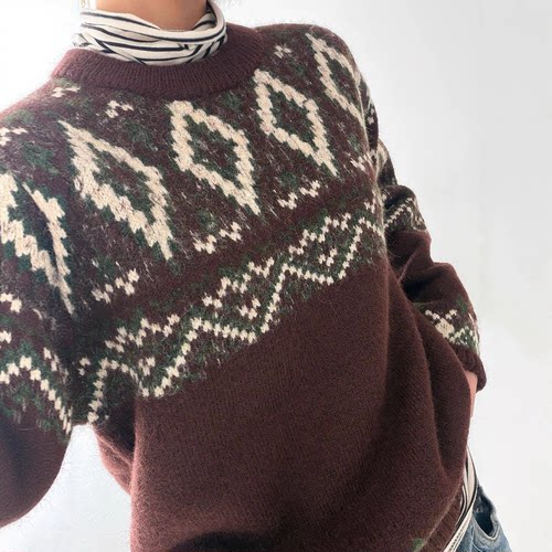 新年圣诞加厚慵懒风圆领女针织衫