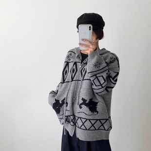图腾提花连帽针织衫外套宽松复古韩系街潮秋冬双拉链开衫毛衣