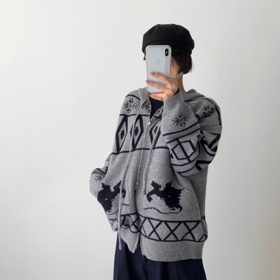 连帽双拉链宽松针织开衫秋冬