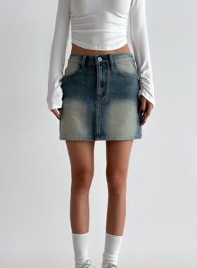 EGG WANG 2025新款磨色牛仔半身裙辣妹显瘦美式复古a字裙磨白短裙