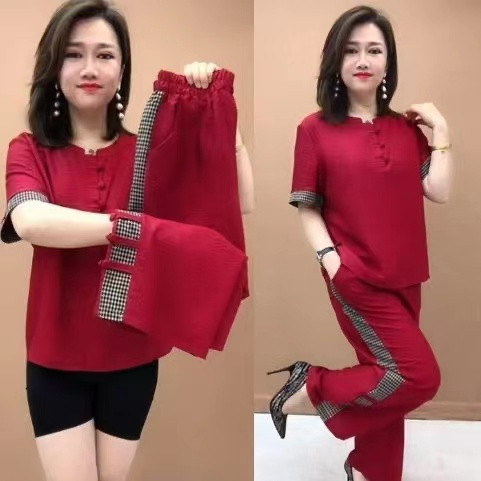 中老年妈妈夏季棉麻休闲套装女宽松遮肚显瘦短袖上衣阔腿裤两件套