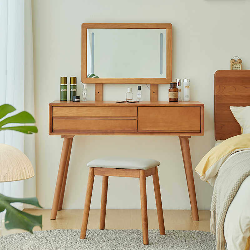 繁丰日式实木梳妆台卧室简约现代ins风小户型原木风化妆台化妆桌