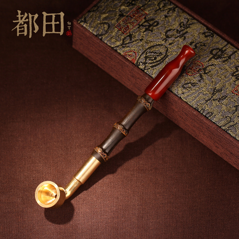 手工烟斗紫竹节红玛瑙嘴旱烟袋传统老式黄铜烟锅子男士创意礼物