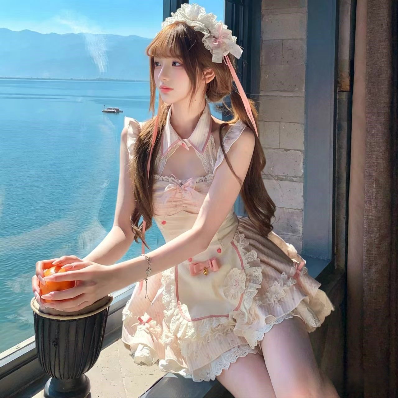夏季收腰显瘦女仆蕾丝连衣裙套装