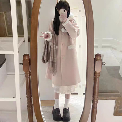 甜美风粉色连帽羊羔毛外套中长款