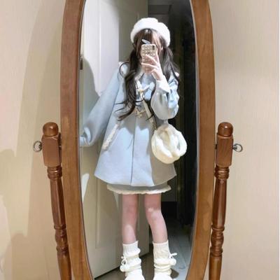 学院风奶蓝色娃娃领斗篷毛呢大衣