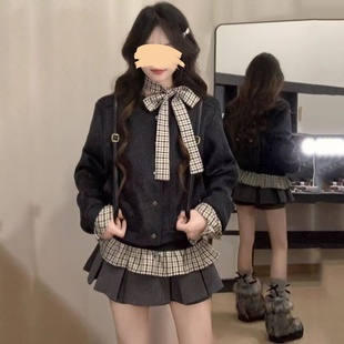 独特小个子韩系学院风短裙超好看套装 小香风短款 毛呢外套女秋冬季