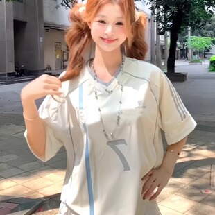 美式街头球衣t恤女夏季撞色拼接织带v领短袖宽松速干凉感运动上衣