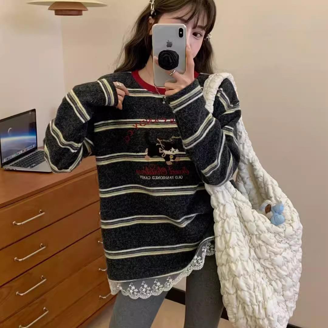 日系复古拼接蕾丝边条纹撞色长袖T恤男女小猫刺绣小众设计感上衣