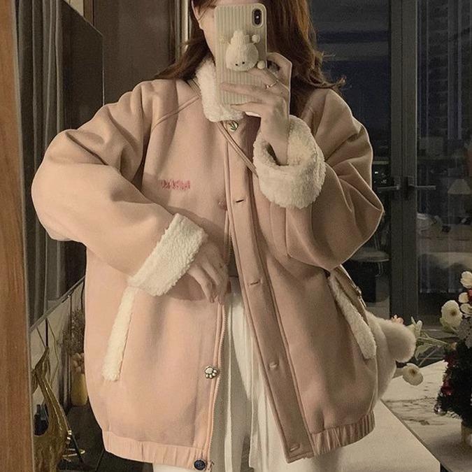 复古加绒加厚仿羊羔毛棒球服少女