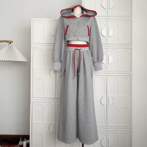 卫衣打褶直筒宽松抽绳卫裤两件套