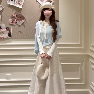 秋冬南法假日秋日法式 杏色长裙女三件套 温柔风甜美baby蓝针织衫