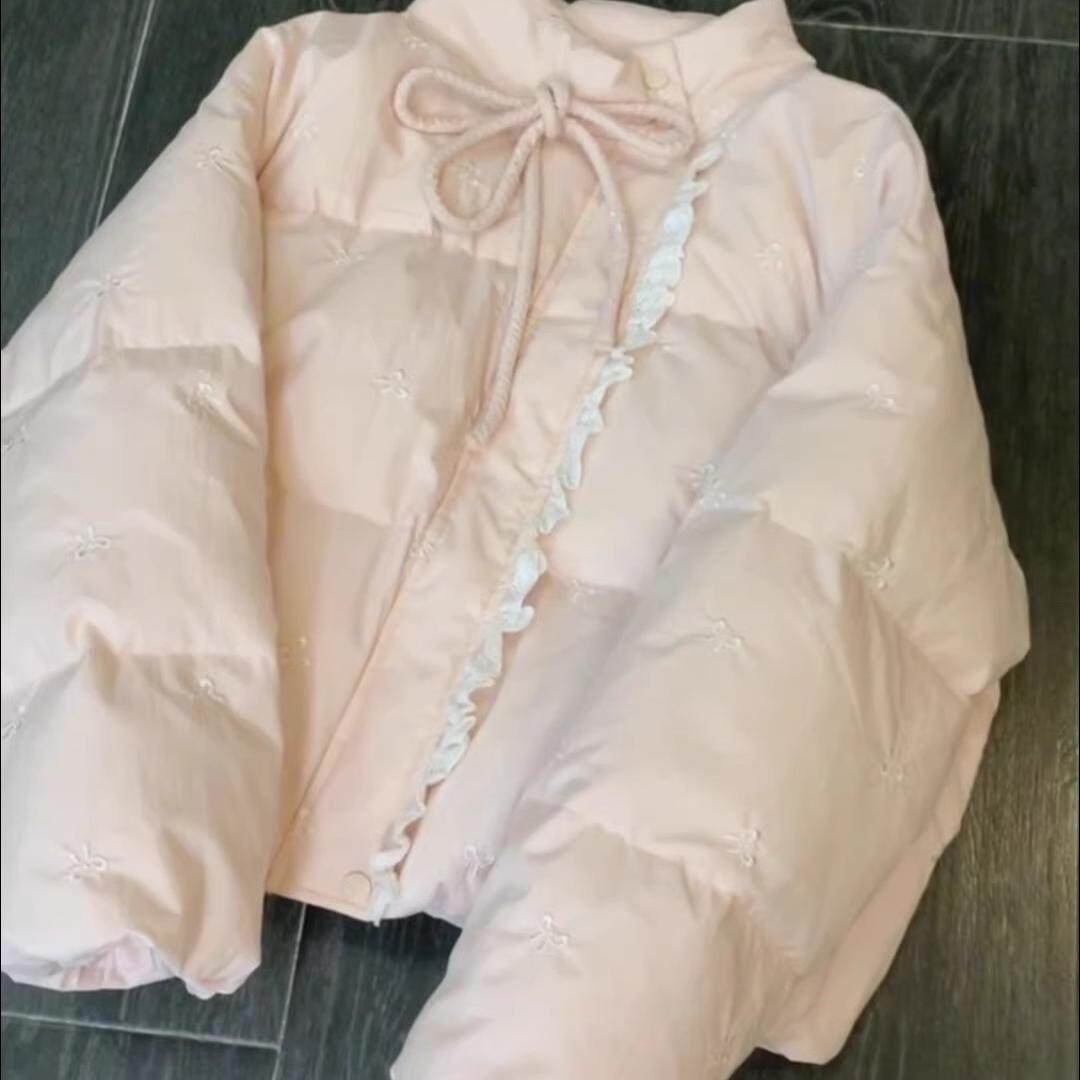 蕾丝拼接棉服外套女2024年新款冬季韩系高级感粉色蝴蝶结系带棉衣