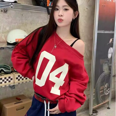 美式数字印花长袖上衣慵懒风宽松