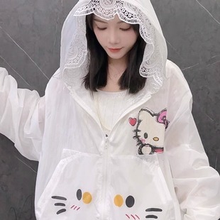 女宽松甜美风防晒衬衣上衣 夏季 新款 卡通KT猫蕾丝内衬连帽长袖 衬衫