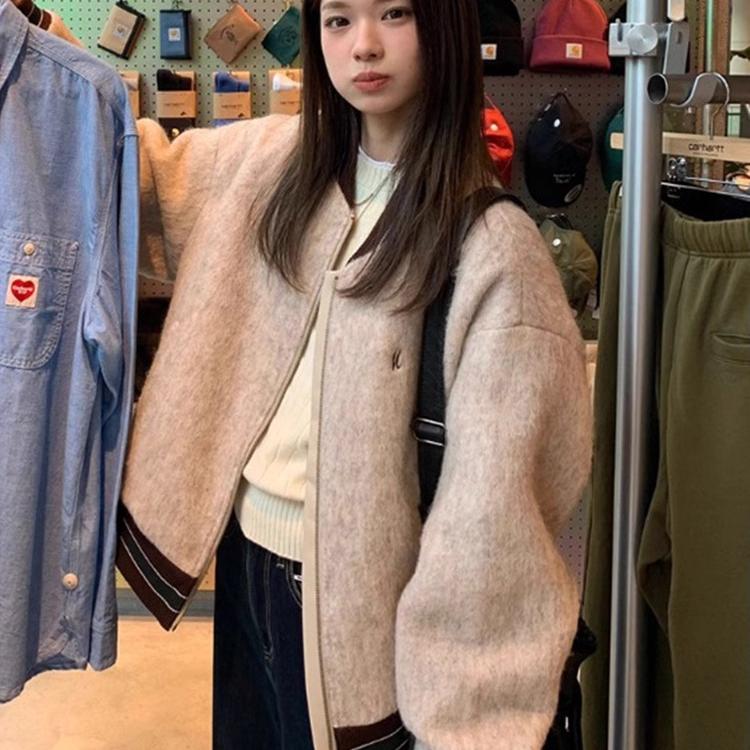 美式复古毛呢外套女秋冬2024新款加厚拉链棒球服夹克短款夹棉上衣