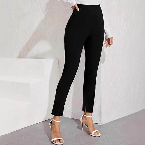 Women's Plain Woven High Waist Split Hem Fit Pencil Pants