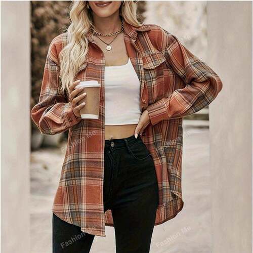 Women's Plaid Check Print Woven Button Front Shirt Casual