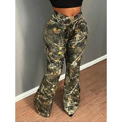 Camo Print Flare Leg Pants Casual Comfy Trousers for Daily