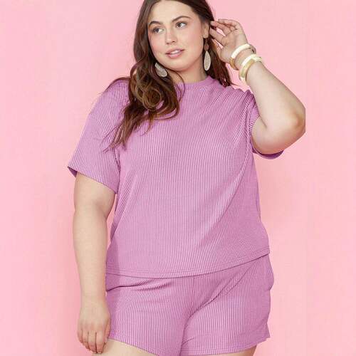 Size】 Two-Piece Set Solid Ribbed Fabric Drop Shoulder Tee &