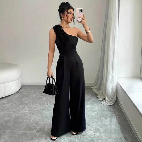 3D Floral Decorated Casual Tight Fitted Jumpsuit French