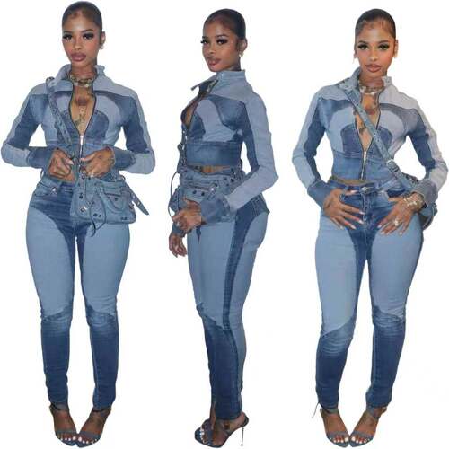 Fashionable Sexy High Elastic Patchwork Color Block Washed
