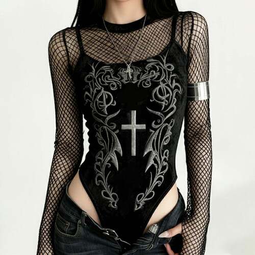 Gothic Dark Y2K Aesthetic Hollow Out Mesh Patchwork Cross