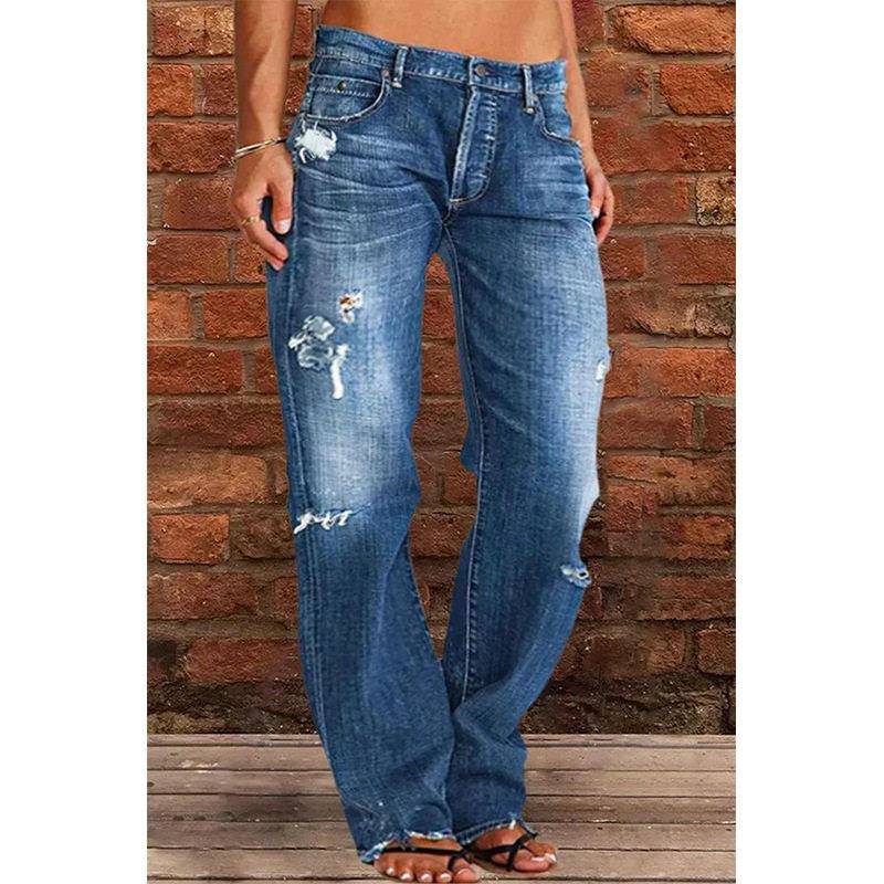 Women's Ripped Jeans Mid Rise Straight Leg Denim Jean Plus图片