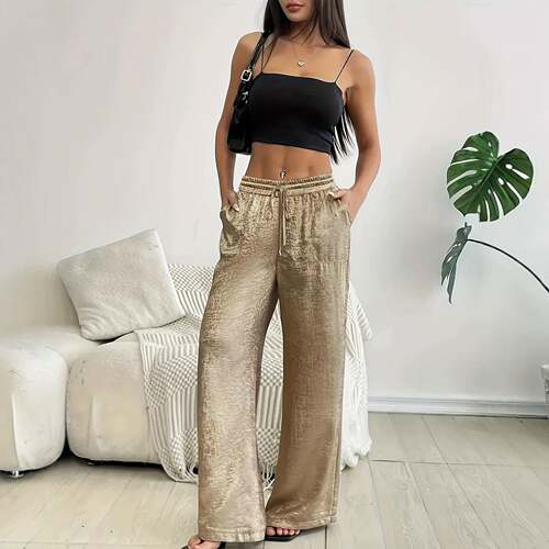 Women's Shiny Sequins Drawstring Fashion Straight Leg Pants