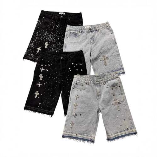Street Style HipHop Cross Shorts With Diamonds StraightLeg