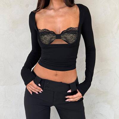 Womens Solid Color Fungus Patchwork Hollow Out Sexy Chest